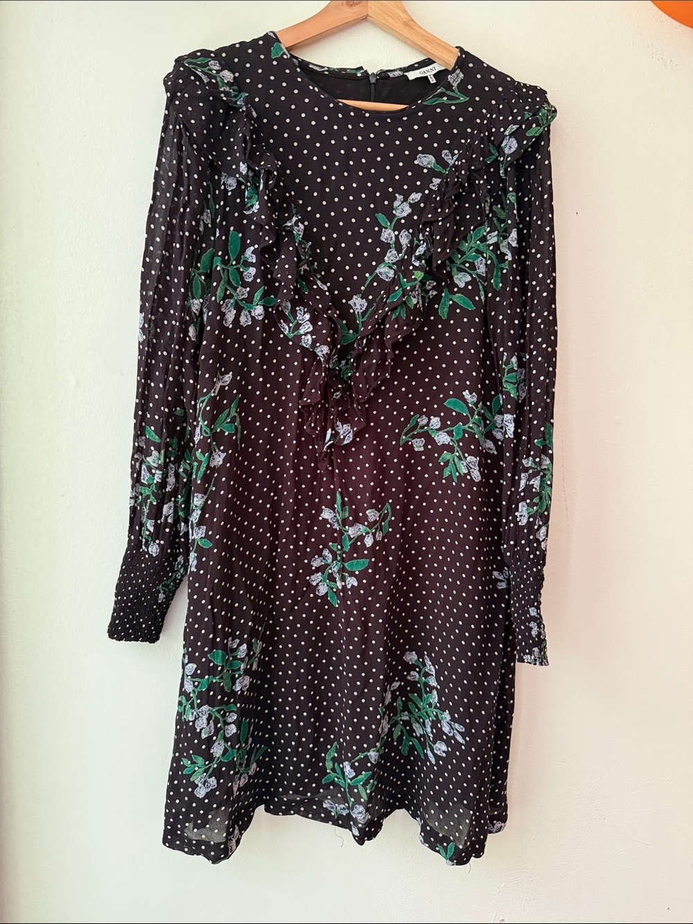 Ganni Black Polka Dot Long Sleeve Floral Ruffle Mini Dress